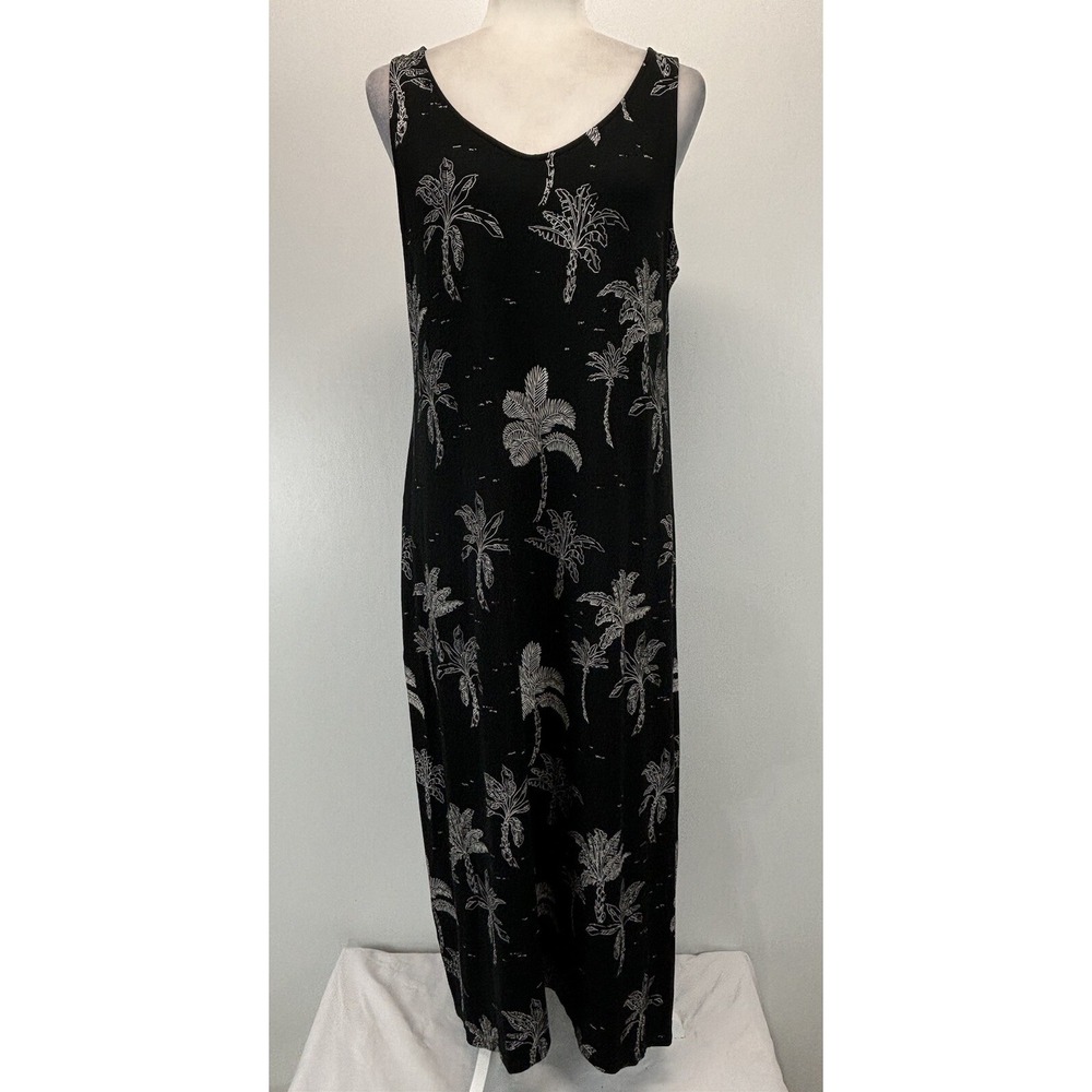 J. Jill Wearever Collection M Black Tank Dress Stretchy Knit Tropical Palms